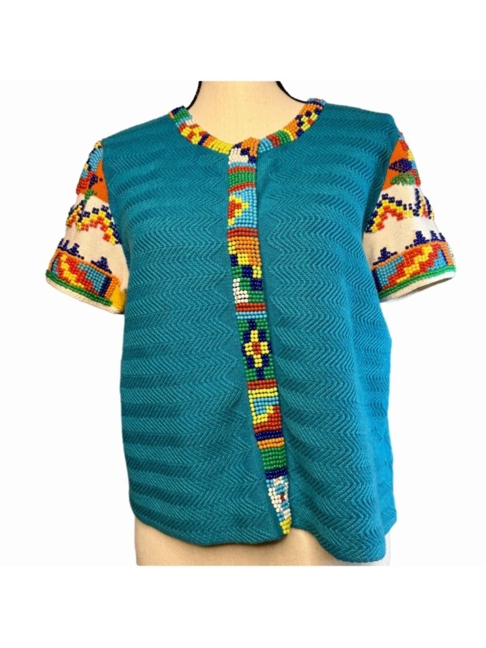 Michael Simon New York Turquoise Aztec Beaded Button Sweater Medium